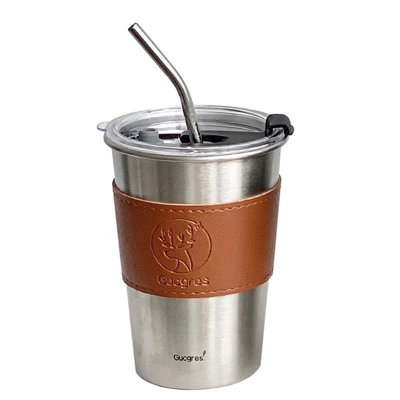 Stainless Steel Coffee Mug with Straw Lid Portable Coffee Cup Drinking Beer Milk Water Cup Restaurant Bar Party 500ml