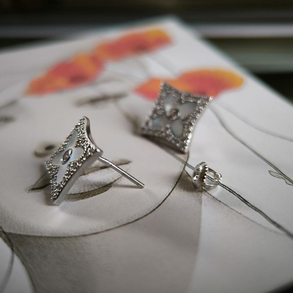 Silver Earrings with Natural Cubic Zirconia, Mother of Pearl (2186021)