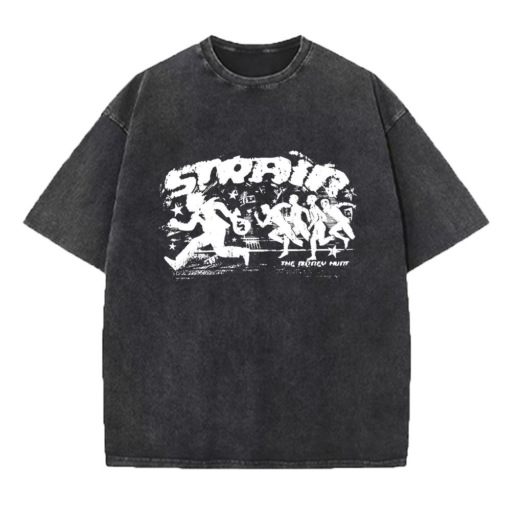 Mens Retro Distressed Street Style Washed TShirt With Silhouette Print Loose Fitting Casual Pure Cotton Short Sleeve Top S
