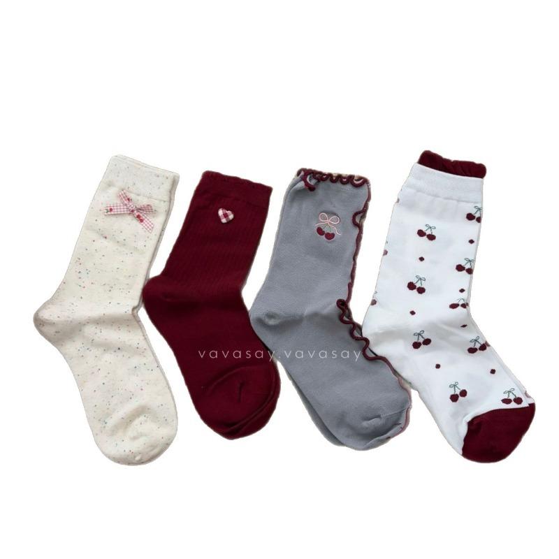 Lady Spring and Autumn Vintage Love Cherry Embroidery Bow Wooden Ear Edge Boneless In Tube Pile Socks