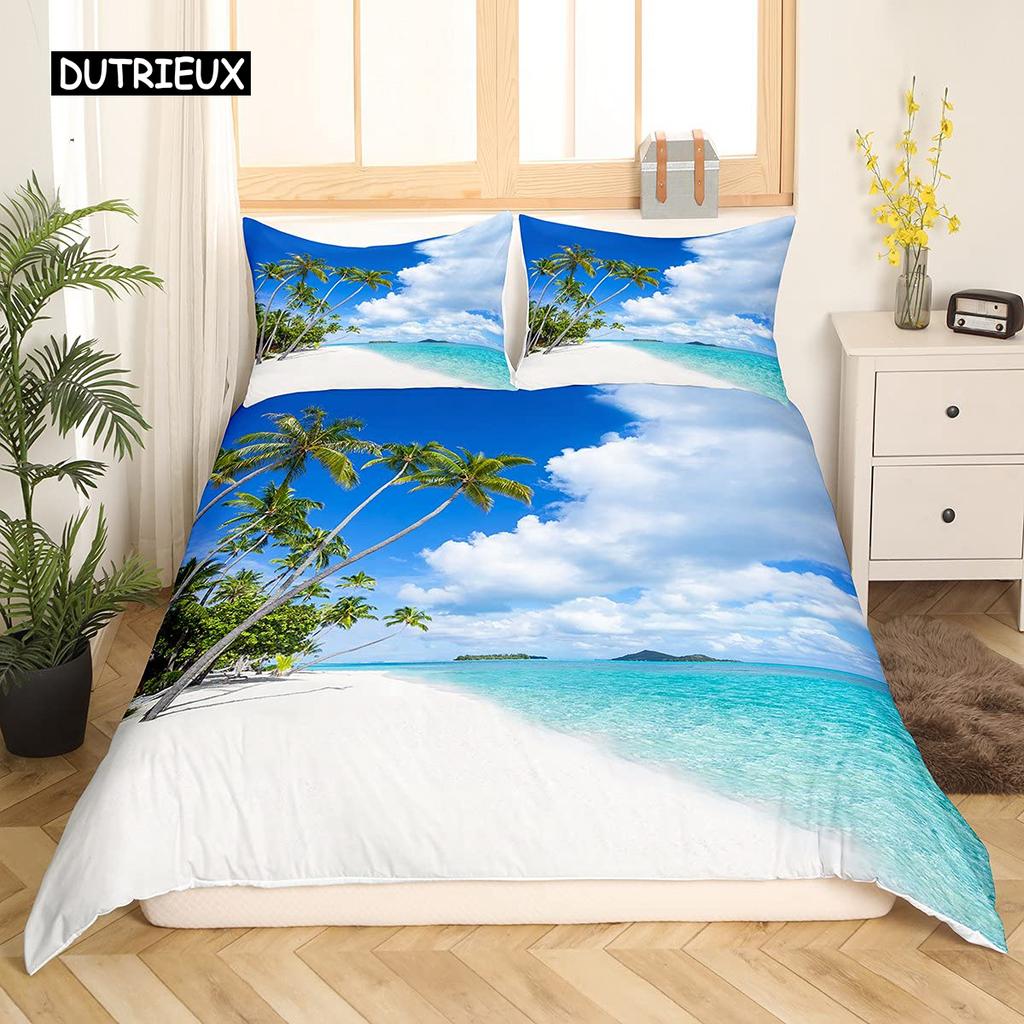 Beach Ocean Duvet Cover Set Hawaiian Palm Tree Waves Bedclothes Tropical Island and Sea Beach Nature Theme Polyester Qulit Cover