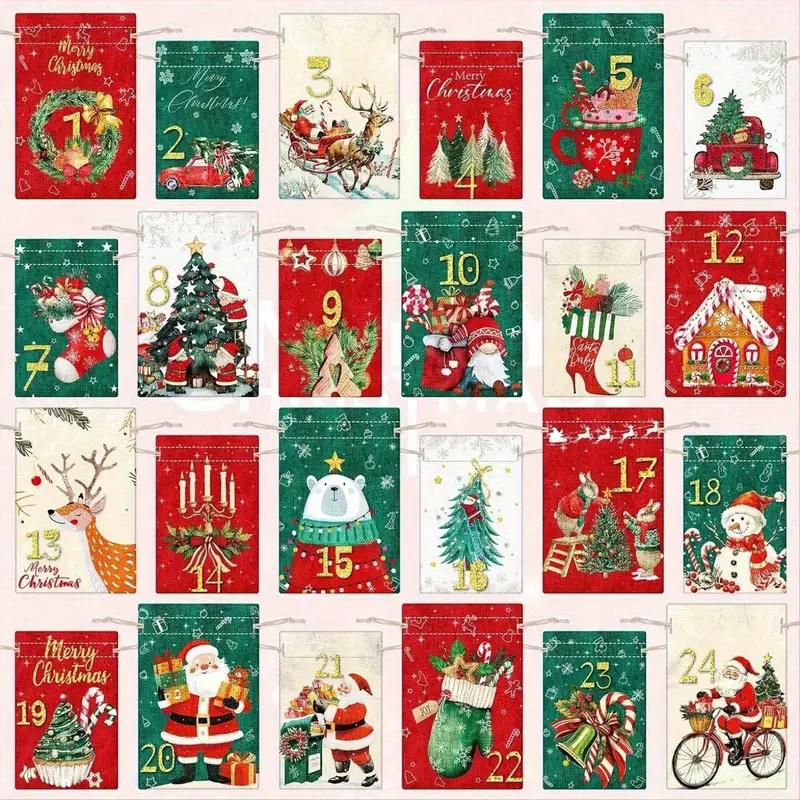 24Pcs Christmas Advent Calendar Number Bags Christmas Gift Burlap Drawstring Bags DIY Countdown Advent Calendar Set with Rope