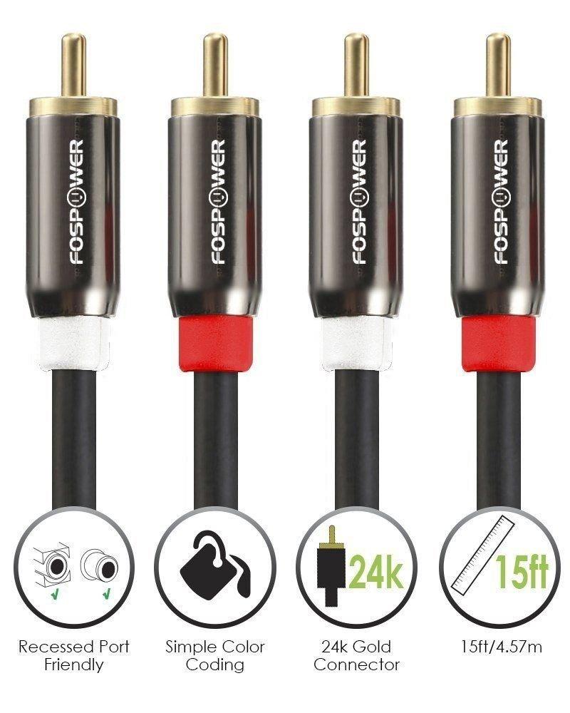 FosPower 2RCA to 2RCA Stereo Audio Cable Connectors Copper (7.5m) (Red/White) (Male-Male) [24K Gold-Plated Core]