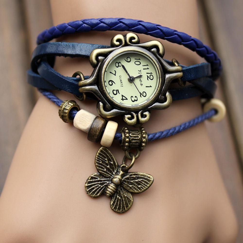 Vintage Schmetterlings Armbanduhr Leder Mode Damen Quarzuhr