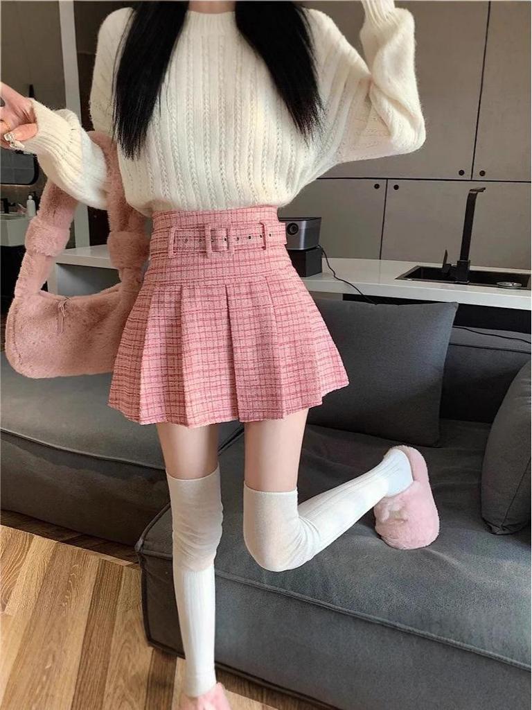Women's High-Waisted Pleated A-Line Midi Skirt with Belt - Retro Style for All Seasons