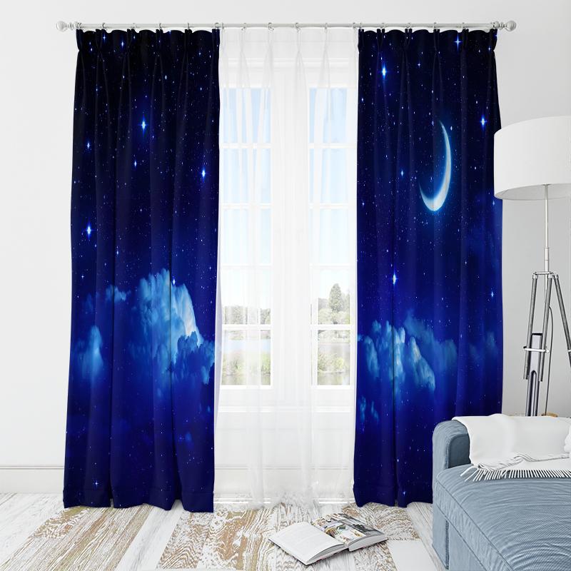 2pcs- Quiet Blue Starry Sky Polyester Curtains, Bathroom, Bedroom, Living Room, and Family Room Decorative Curtains
