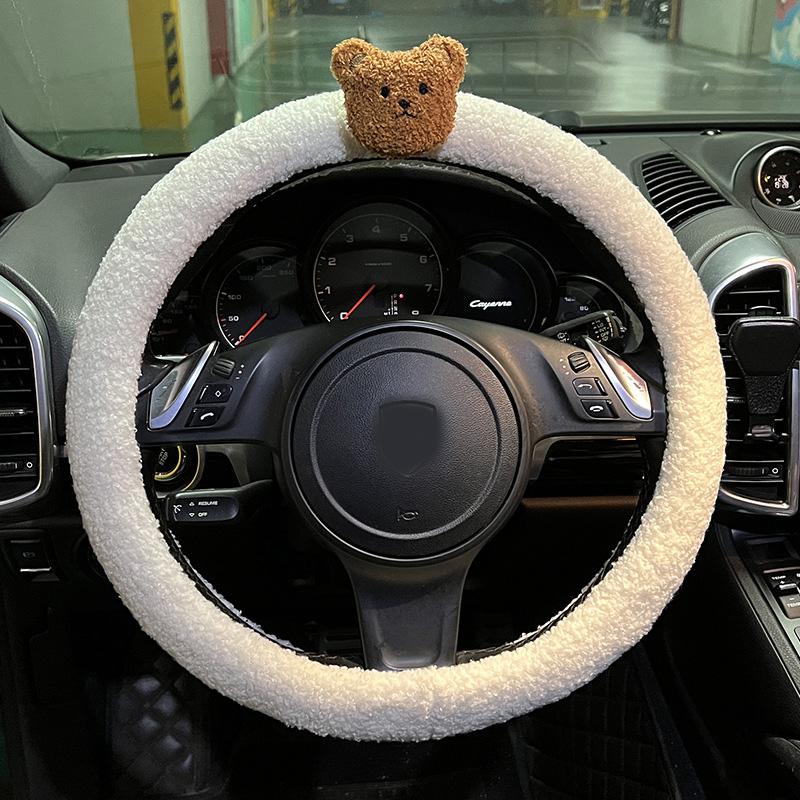 Cute Cartoon Bear Universal Car Steering Wheel Cover Winter Warm Faux lamb Plush Car Wheel Protector Decoration Women Girls