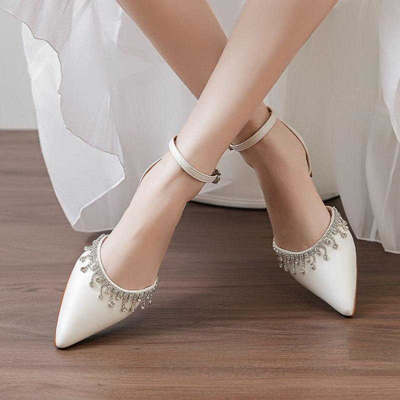 Fashion White Leather Wedding Shoes Sandals for Women Summer Bridal Flat Comfortable Strappy Tassel Chain Hollow Design