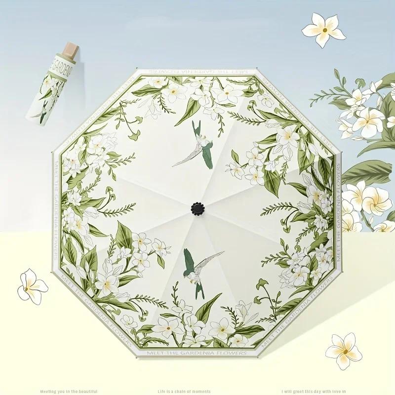 Flower Printed UPF50+ Sun Umbrella Romantic UV Protection Umbrella Vinyl Coating Rain Parasol Sun Shade Folding Umbrellas