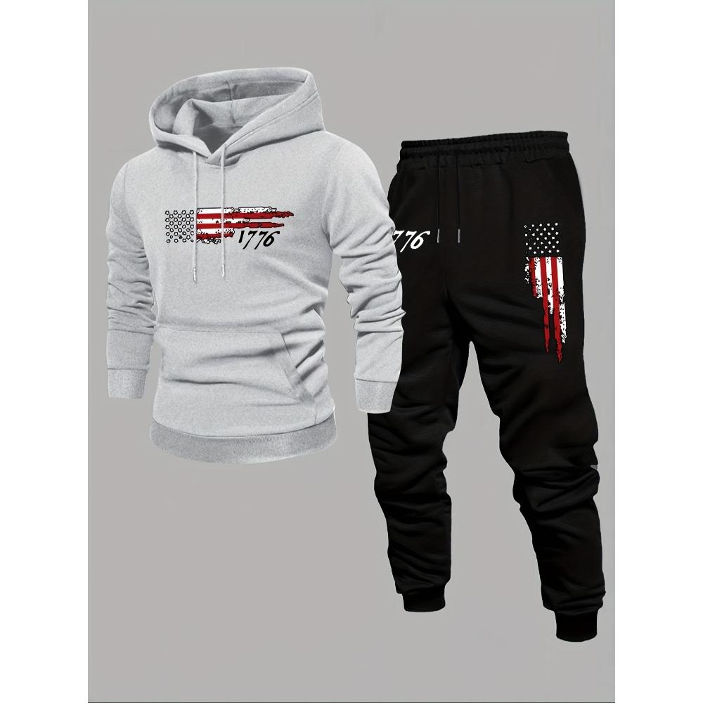 Men's Casual Two Piece Set with Flag Print Drawstring Pocket Hoodie and Drawstring Outdoor Casual Sports Pants