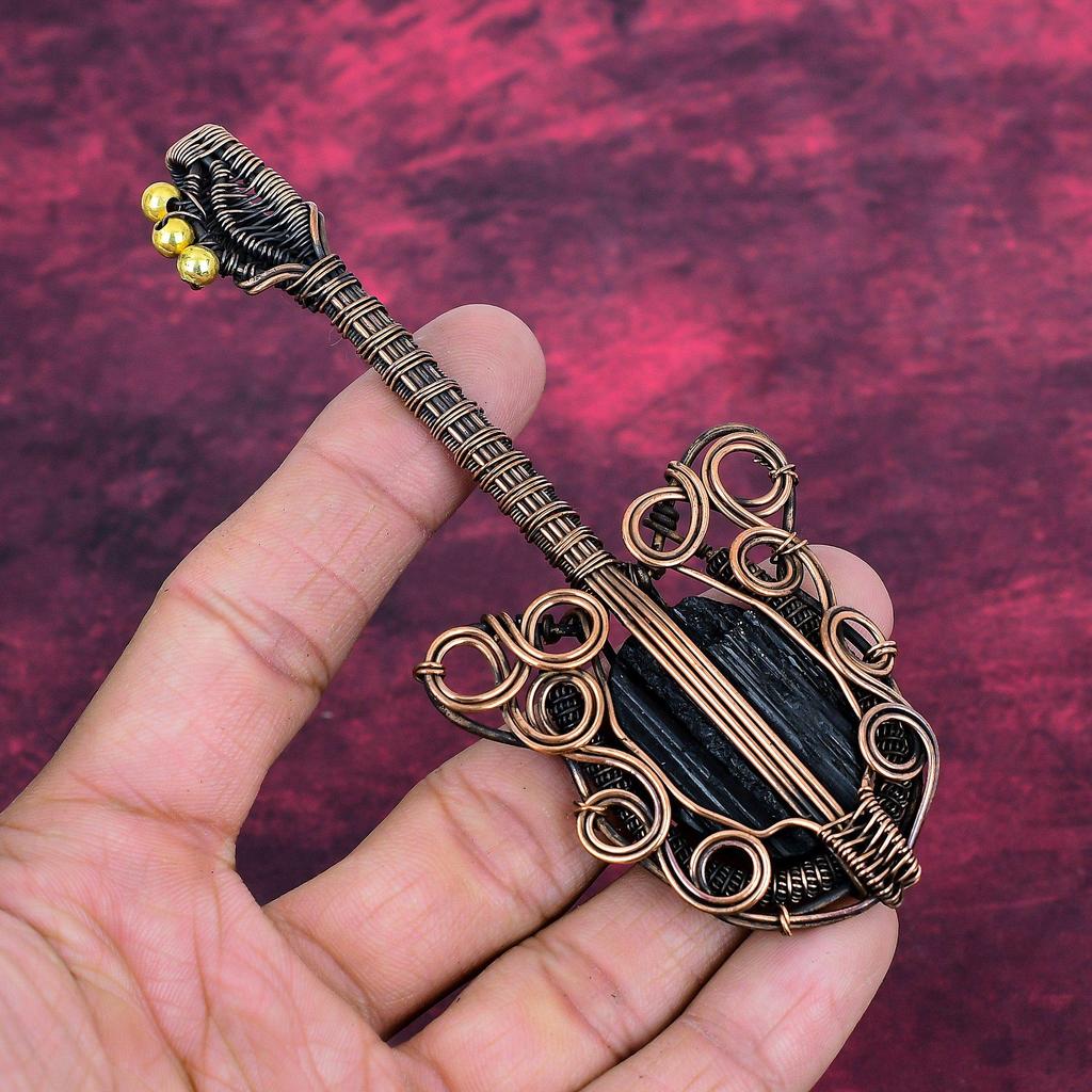 Black Tourmaline Rough Gemstone Pendant Guitar Copper Wire Wrapped Unique Pendant