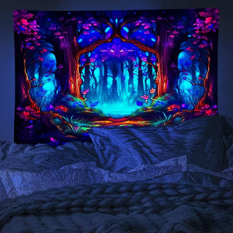 2D Blacklight Forest Tapestry, UV Reactive Neon Fantasy Tree Wall Hanging