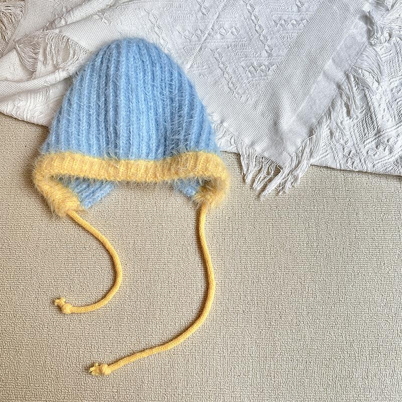 

Children s Knitted Hat Simple Girl s Warm Pullover Hat Versatile Color Matching Woolen Hat Strap Ear Protection Hat one size