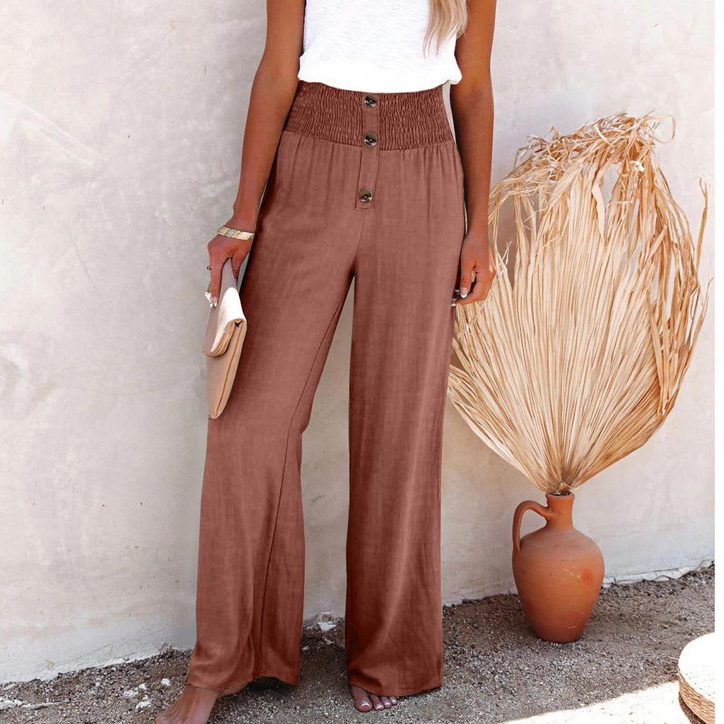 Women's Solid High Waist Loose Long Wide Leg Pants Button Trim Elasticated Casual Pants