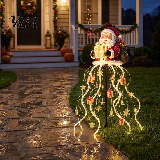 Decorative Solar Pathway Lighting Santa Claus Christmas Garden Light, LED Holding Gift Box Yard Stake Porch Holiday with Cascading String Lights