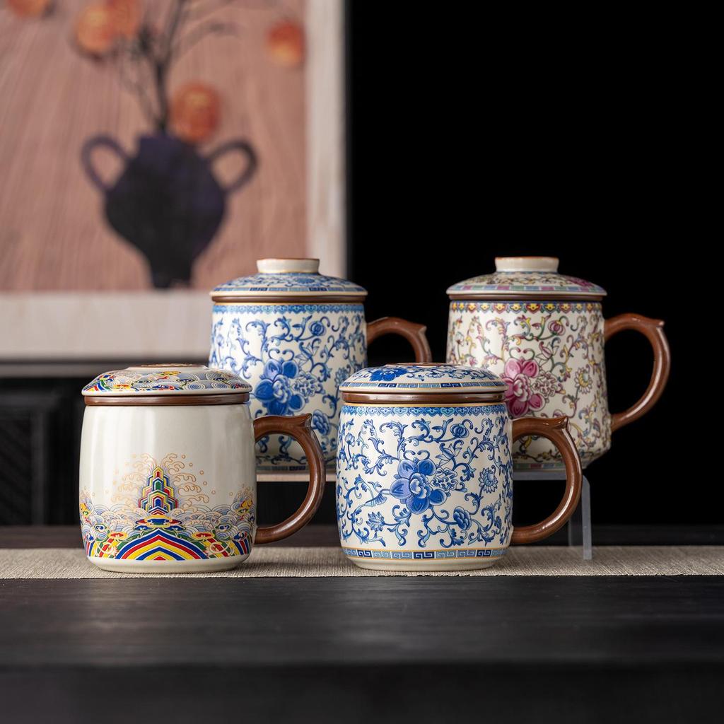 Ru Ware Blue & White Ceramic Office Tea Cup with Lid & Separator