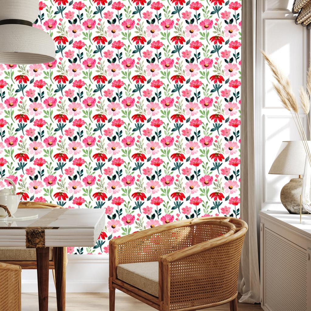 Wallpaper Flowers White, Powder Pink, Light Gray and Coral 50x1000