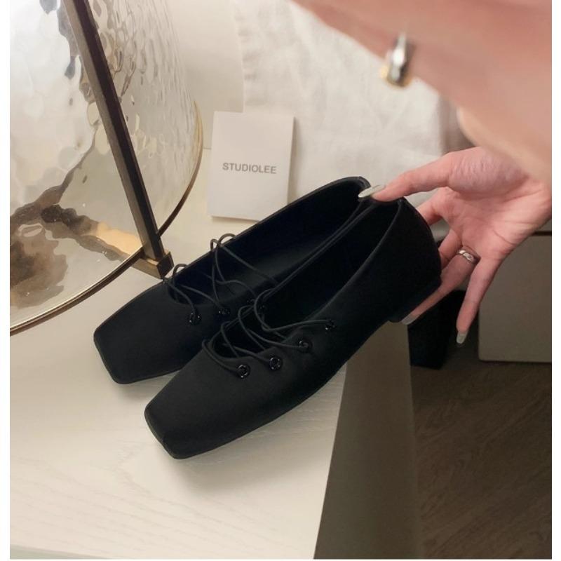 Sheepskin Version Mary Jane Shoes Women's Single Shoes, Extravagant Satin Temperament, Square Head Cross Strap, Ballet Flats
