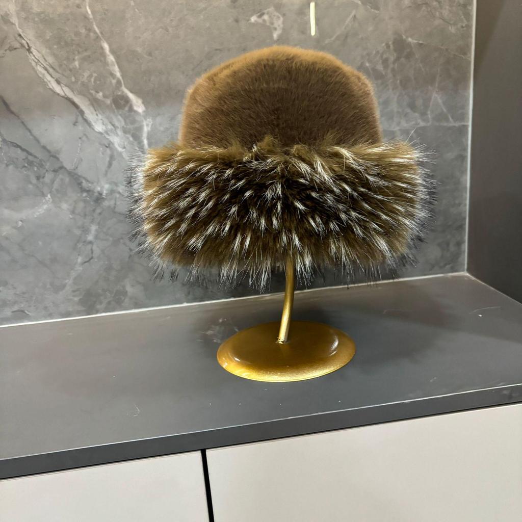 Große Plüsch-Mongolenmütze aus Kunstwaschbärfell für Herbst/Winter - Dick, warm, Fischerdesign mit flachem Oberteil