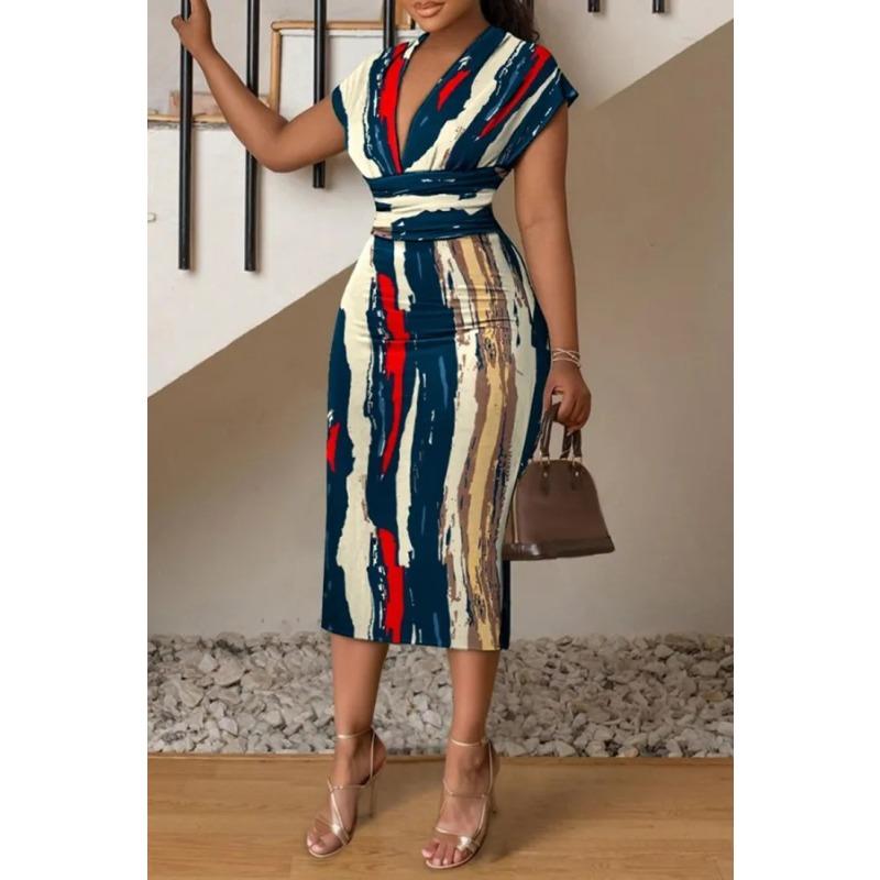 YYFS Women's Fashion Summer Spring Colour Block Print Short Sleeve V-Neck High Waist Casual Dresses