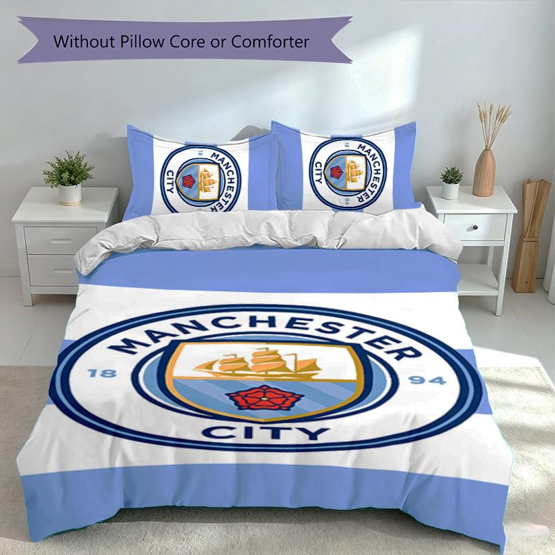 3pcs Manchester City Football Club Duvet Cover Set, Includes 1 Duvet Cover and 2 Pillowcases,Skin-Friendly&Comfortable Fabric,Suitable Bedding Sets
