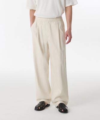 Linen-Like One-Pleat Wide Elastic Denim Pants [Cream]