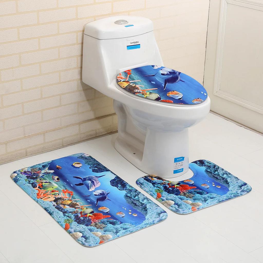 3D Ocean Seabed Animals Toilet Cover Bath Mat Sets Fish Dolphin Printed Bathroom Curtain Set Waterproof Fabric Shower Curtains