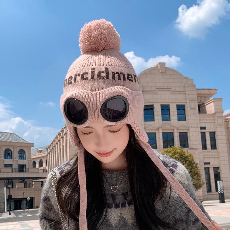Women Autumn Winter Warm Thicken Ear Protector Goggles Hat Cold Fur Hair Ball Velvet Outdoor Knitted Cap Sweet Cute Lei Feng Hat