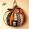 Seasonal Indoor Outdoor Sign Patchwork Pumpkin Wooden Door Hanger, Fall Harvest Halloween Decorative Maple Leaf Wreath with Leaves Berries, Farmhouse