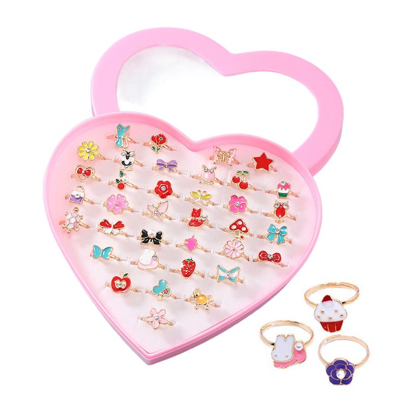 6/12/36pcs Cute Adjustable Rings for Pretend Play Makeup Toys for Girls Cartoon Crystal Jewelry Alloy Rings Gifts for Girls