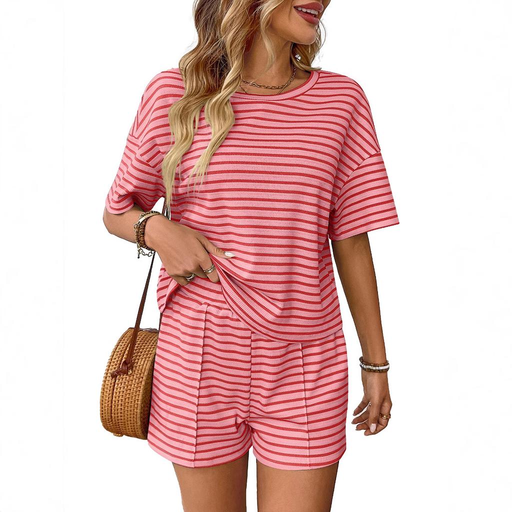 Damen Zweiteiliges Set mit Kurzarm-Streifenoberteil und Shorts Mehrere Farben