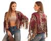 Burgundy Women's Suede Leopard Print Jacket with Fringes