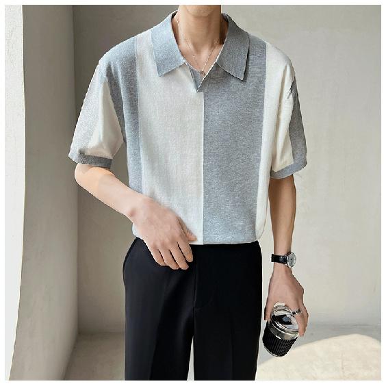 Summer Casual Loose Trendy Men's Short Sleeve Polo Shirt Trendy Gray and White Color Block Turn-down Collar Breathable Men's Knit Shirt