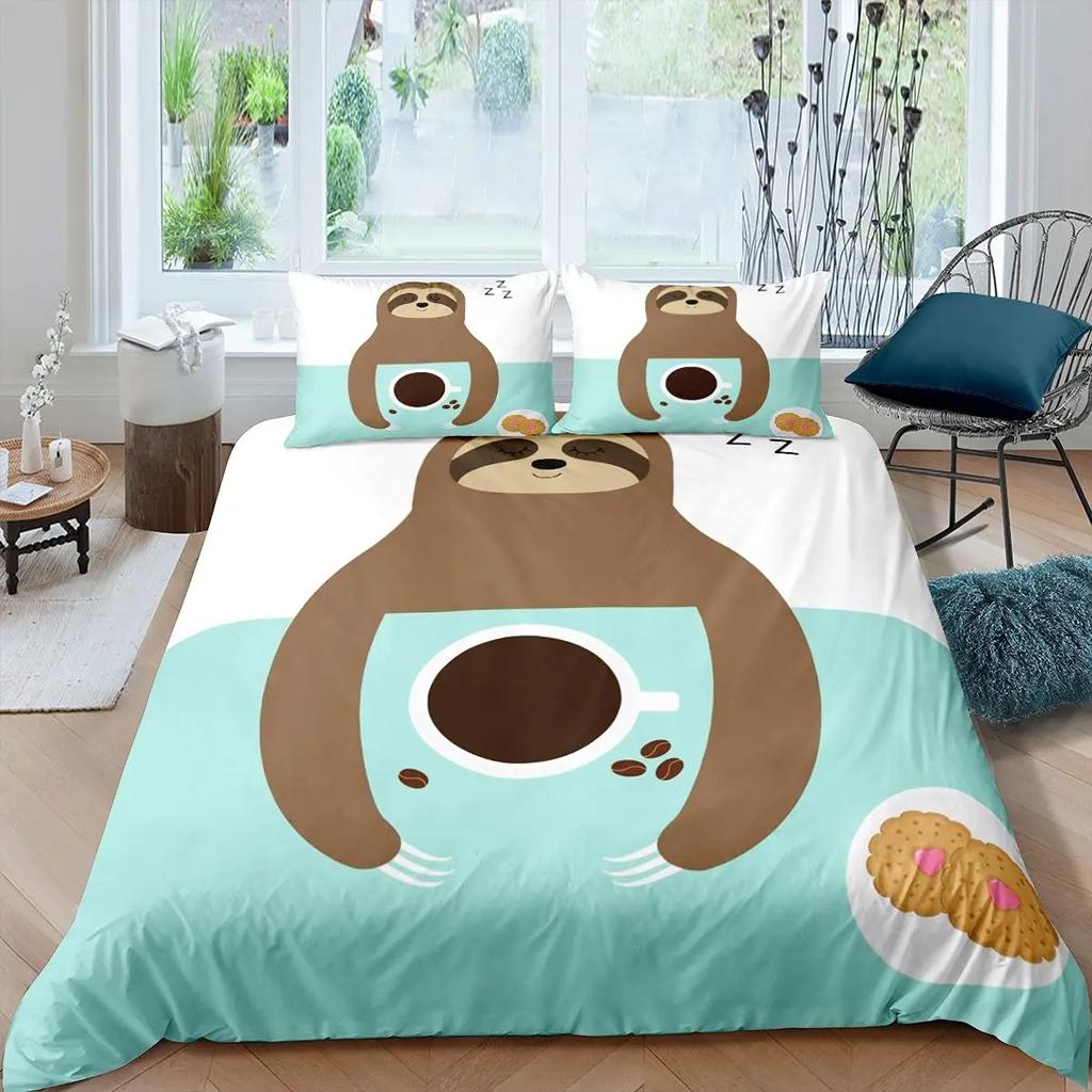 Cartoon Sloth King Queen Duvet Cover Kids Cute Animal Bedding Set Bathtub Decor Blue Comforter Cover Soft Polyester Quilt Cover
