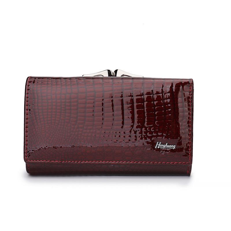 Women's Genuine Patent Leather Tri-fold Wallet, Solid Color, Compact and Multifunctional Card Holder