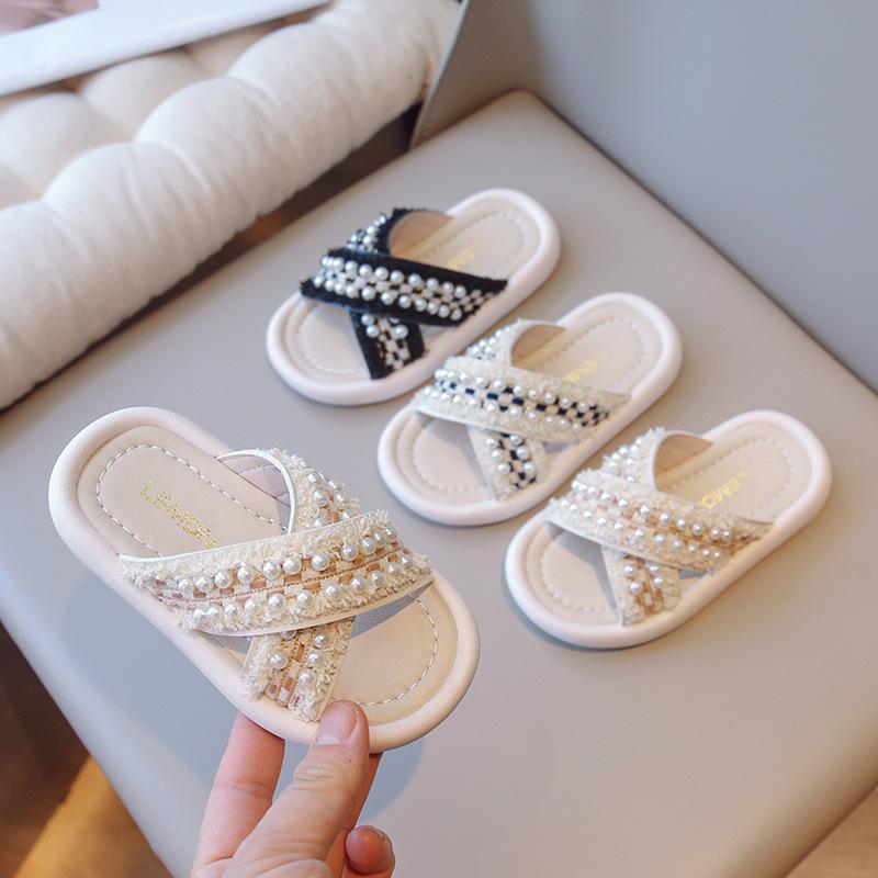 Girls' Casual Slippers New Kids Princess Style Outdoor Sandals for Summer Vacation Children Sweet Beading Home Shoes Indoor