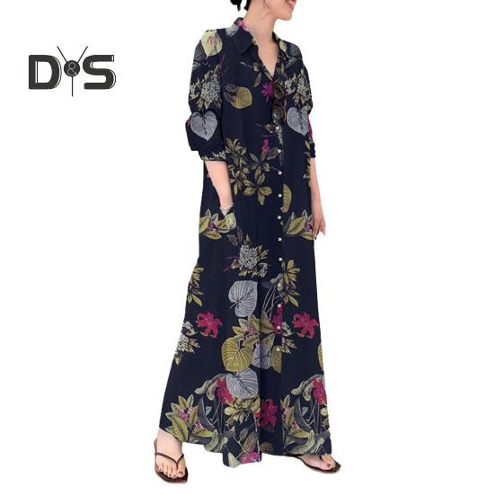 Damenkleid, locker, bunt, Blumendruck, knöchellang, lange Ärmel, Taschen, A-Linie, Revers, einreihig, weich, atmungsaktiv, Herbst/Frühling, Maxikleid