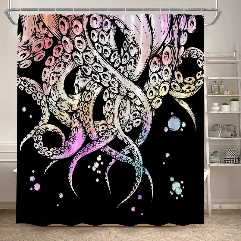 Vintage Nautical Octopus Waterproof Shower Curtain Navy Blue Mermaid Fun Ocean Sea Monster Bath Shower Curtain Anchorage Map