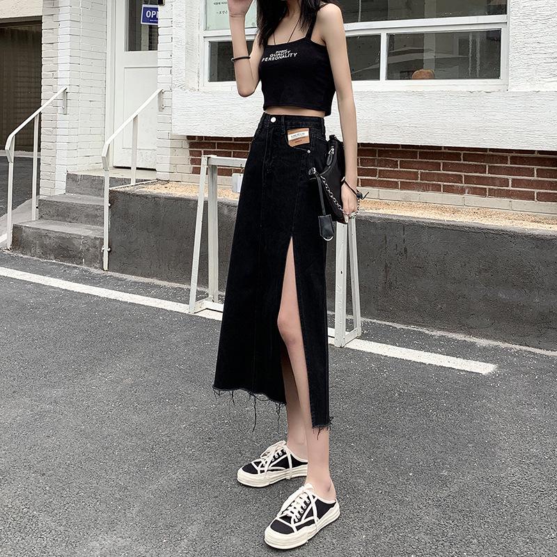 Black High Waist A-Line Denim Skirt with Side Slit - Trendy Summer Fashion for Women