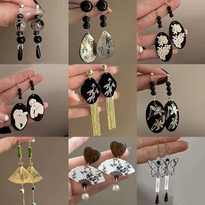 Kolczyki z bambusowym wachlarzem w kształcie srebrnej igły: "Motylowa kropla, moda retro dla kobiet"