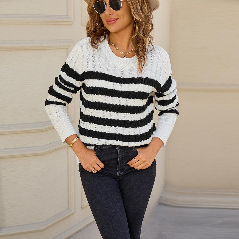 

Autumn and Winter New Style Pullover, Braided, Color-blocked Long-sleeved Round-neck Sweater, Knitted Sweater for Women S білий