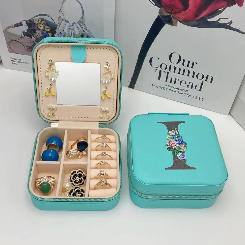 PU Leather Jewelry Box Mirror Storage Box 26 Letter Printed Portable Jewelry Organizer Earring Ring Necklace Case