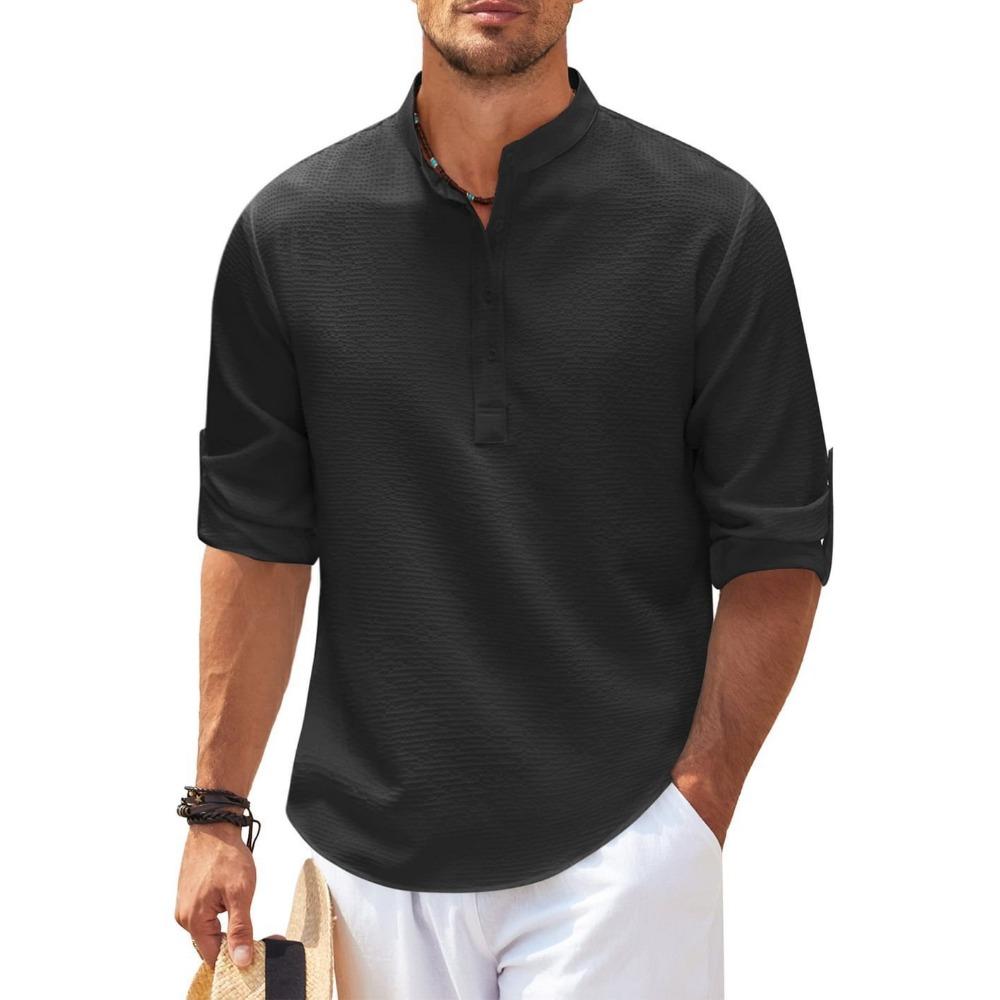 Men's Long Sleeved Stand Up Collar Plaid Casual Shirt