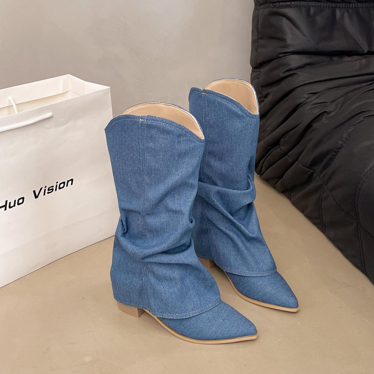 Women s Retro Blue Pleated Cowboy Boots Pointed Toe 5cm Square Heel Middle Heels Women Shoes Knee High Boots Large Size 35-42 35 4798₽