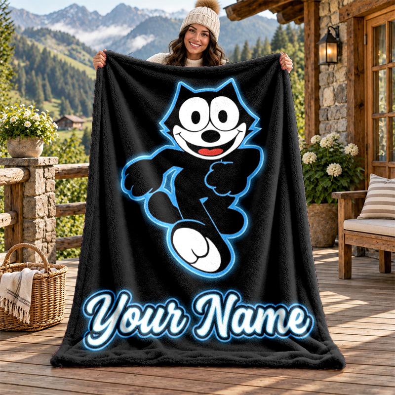 Felix the Cat Custom Name Flannel Blanket Personalized Soft Warm Plush Throw Blanket Customized Gift for Family Friends