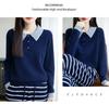 Women's 100% Wool Colorblock Polo Collar Sweater - Long Sleeve Knitted Pullover for Autumn/Winter