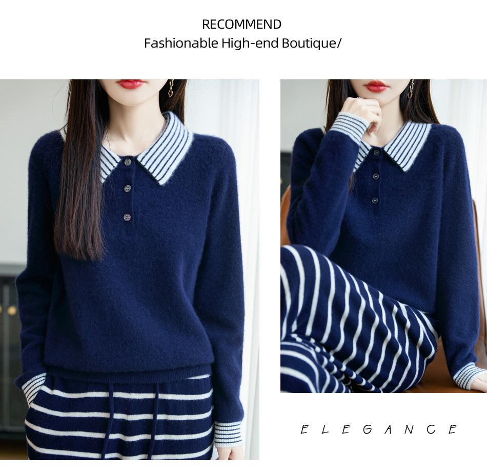 Women's 100% Wool Colorblock Polo Collar Sweater - Long Sleeve Knitted Pullover for Autumn/Winter