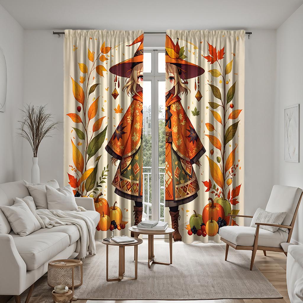 2pcs Set HD Thanksgiving Cartoon Girl Pumpkin Decorative Curtain Yellow Tie Digital Printed Curtain Home Decoration Style Dec