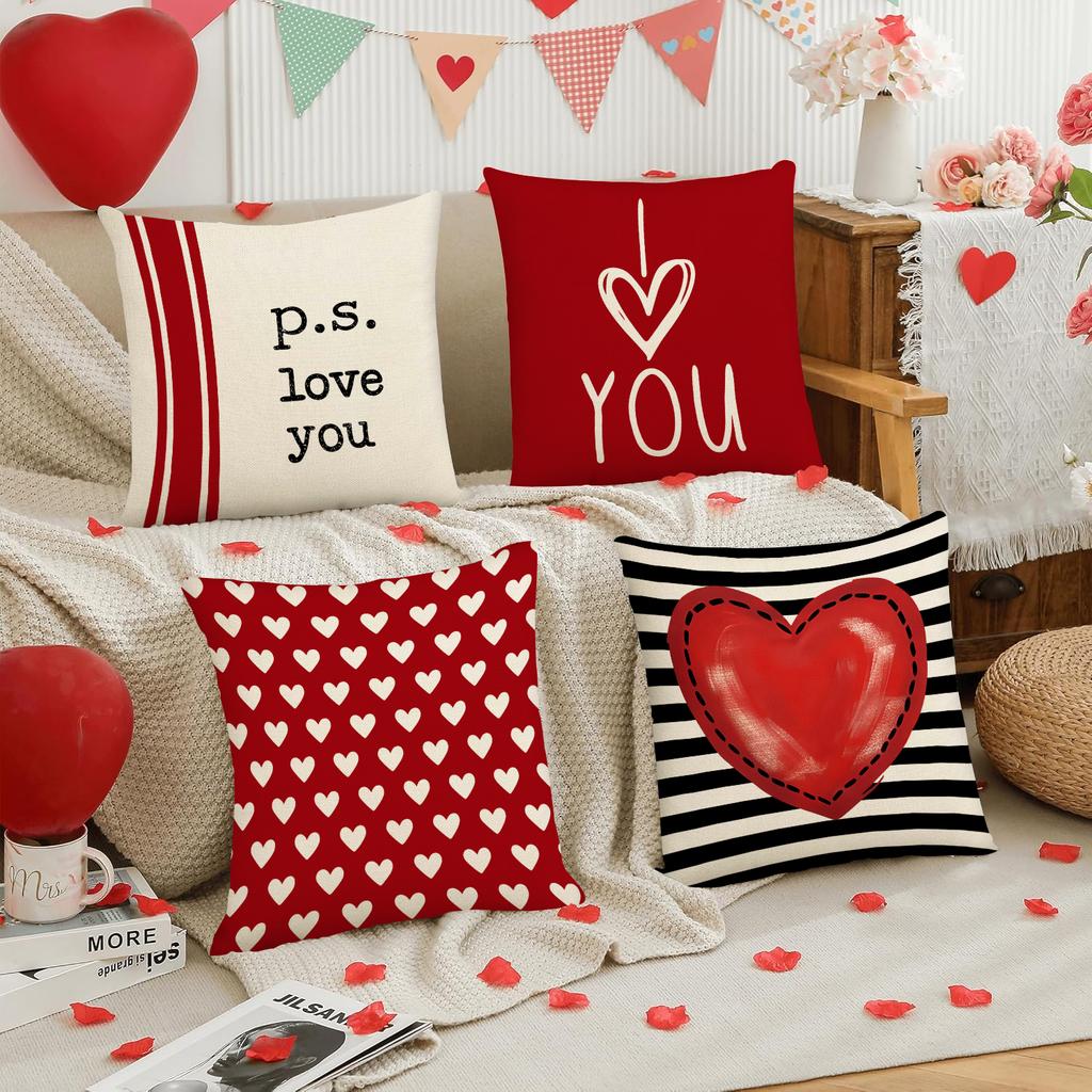 4Pcs Valentine'S Day Pillow Cover, Romantic And Sweet Valentine'S Day Love Flower Printed Sofa Decorative Cushion Cover