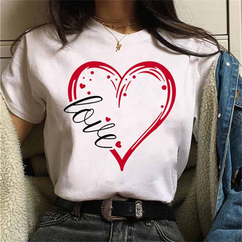 Women's Fashion T-shirt Short Sleeve Summer Cute Love Heart Print Casual Tee Tops